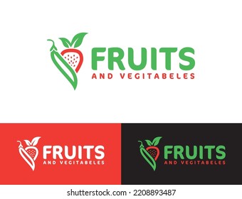 Fruit And Vegetable logo design template. strawberry and green bean vegan vegetarian farm, nature, food vector flat design