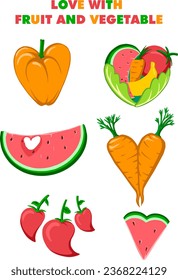 Iconos de amor a la fruta y a la verdura. Ilustración vectorial de frutas y verduras amorosas.