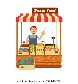 Fruit and vegetable market shop stand with happy young farmer character flat vector illustration. Farm market with fruits, character man seller farm food