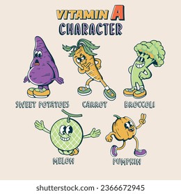 conjunto de caracteres de caricatura de mascota de frutas y verduras que contiene vitamina A