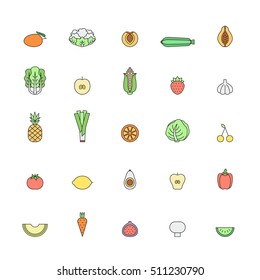 Fruit and vegetable multicolor outline icon set. Clean and simple design. Part one.