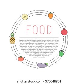 Fruit and vegetable multicolored outline circle frame with place for your text. Modern minimalistic design. Part three.