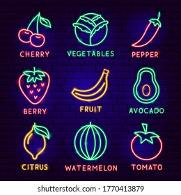 Fruit Vegetable Neon Label Set. Vector Illustration of Healthy Food Promotion.