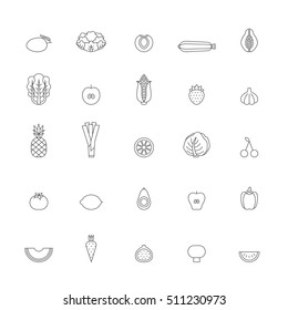 Fruit and vegetable outline icon set. Clean and simple design. Part one.