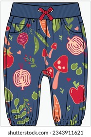 FRUIT AND VEGETABLE PATTERN KNIT JOGGER WITH CONTRAST RIB AND BOW DETAIL DESIGN FOR BABY GIRLS INFANT GIRLS AND TODDLER GIRLS VECTOR ILLUSTRATION