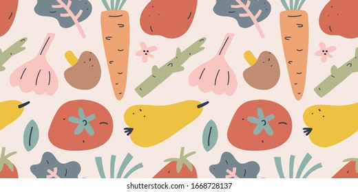 Fruit And Vegetable Pattern, Seamless Vector Background, Tomato, Pear And Carrot With Garlic. Trendy Flat Hand Drawn Art In Earthy Colors, Ornament For Kitchen Textile,