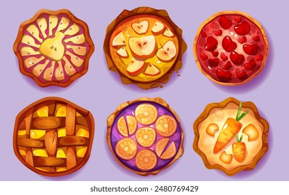 Fruit and vegetable pies top view set isolated on background. Vector cartoon illustration of fresh baked pear, apple, cherry, peach, lemon, carrot tarts, homemade cake cooked for party, menu icons