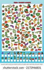 Fruit and vegetable puzzle, find, count, write. Attention-getting puzzle.