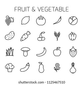 Fruit and vegetable related vector icon set. Well-crafted sign in thin line style with editable stroke. Vector symbols isolated on a white background. Simple pictograms.