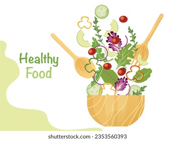 Fruit and vegetable salad, avocado, cucumber, tomato, onion, bell pepper, and healthy food float in the air onto a wooden bowl with a mixing ladle illustration isolated on a white background.
