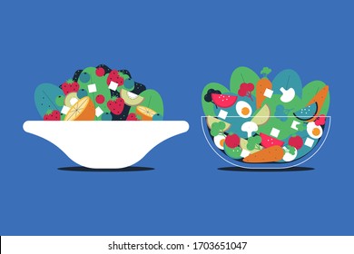 Fruit and vegetable salad in bowl vector illustration isolated on background.