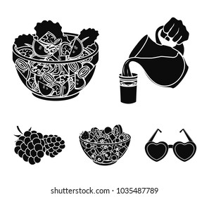 Fruit, vegetable salad and other types of food. Food set collection icons in black style vector symbol stock illustration web.