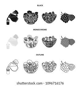 Fruit, vegetable salad and other types of food. Food set collection icons in black,monochrome,outline style vector symbol stock illustration web.