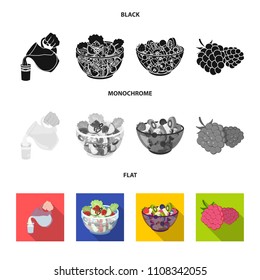Fruit, vegetable salad and other types of food. Food set collection icons in black, flat, monochrome style vector symbol stock illustration web.