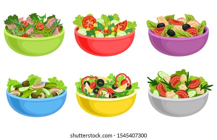 Fruit and Vegetable Salad Served in Bowls Vector Set