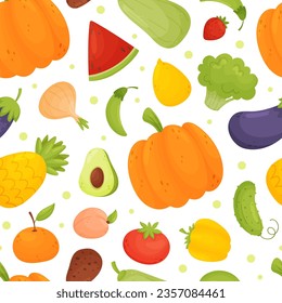 Fruit and Vegetable Seamless Pattern Design with Ripe Garden Crop Vector Template