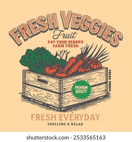 Projeto de conjunto de frutas e vegetais. Mercado de vegetais orgânicos. Vegan fresco e design de caixa de frutas. Arte de loja de legumes frescos para impressão de camiseta, cartaz e outros usos