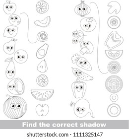 Fruit and vegetable set to find appropriate couple of objects, to compare and connect objects and their relevant pairs, the matching educational kid game with simple gaming level for preschool kids.