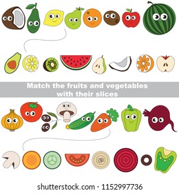 Fruit and vegetable set to find appropriate couple of objects, to compare and connect objects and their relevant pairs, the matching educational kid game with simple gaming level for preschool kids.