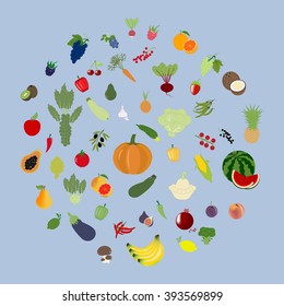 Fruit Vegetable Set isolated on a purple background. Vector illustration