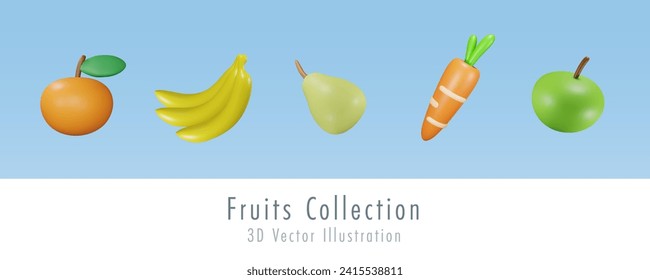 Fruit and vegetable set. Orange, banana, pear, carrot and green apple. 3D vector cute cartoon character.