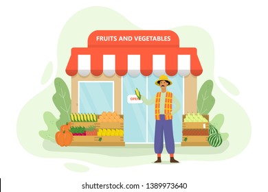 Fruit and vegetable shop. Green market with showcase outside. Grocery store exterior. Facade of the building. Man stand on the street at the showcase with food. Isolated vector cartoon illustration