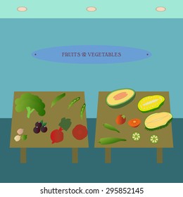 Fruit and vegetable showcase flat icon. Supermarket section advertising design template.  Department store interior view. Part of shopping mall inside vector illustration. 