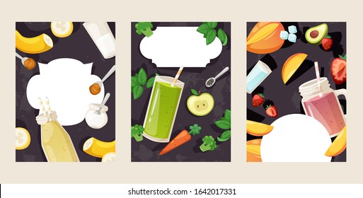 Fruit and vegetable smoothie menu cover, summer cafe banner, vector illustration. Cookbook recipe, fresh raw ingredients for fruit mix cocktail. Smoothie booklet cover, brochure set, cafe booklet