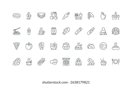 Fruit and vegetable snack, pizza and burger, salad and cake thin black symbols vector illustration. Meals menu of restaurant and fast food cafe, bakery and vegan plate, drinks line icon set.