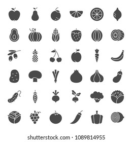 Fruit Vegetable Solid Web Icons. Vector Set of Food Glyphs.