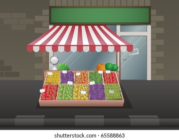 Fruit and vegetable stall vector illustration. Elements are layered separately.