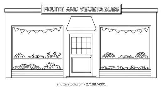 Loja de hortifrutícolas loja de construção exterior gráfico preto branco esboço isolado ilustração vetor