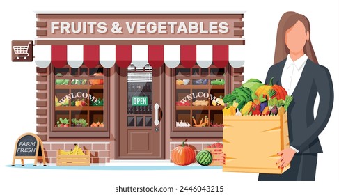 Fruit and vegetable store facade with woman customer. Fresh organic food products. Cucumber tomato pumpkin garlic onion carrot corn pepper banana. Vector illustration in flat style