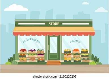 Fruit and vegetable store on the street. Fresh organic food products. Fruit and vegetable in boxes. Farm products. Cucumber, tomato, potato, carrot, corn, banana, apple, pear. Vector illustration.