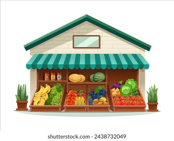 Tienda de frutas y verduras. Tienda de comercio. Ilustración vectorial sobre fondo blanco