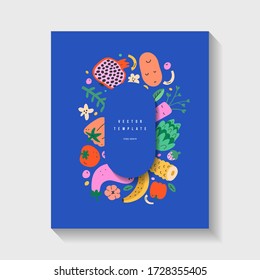 Fruit And Vegetable Template, Modern Doodle Illustrations Of Summer Foods, Vector Banner Or Poster With Blank Space, Hand Drawn Illustration, Trendy Layout For Menu Or Cover, Modern Frame Border