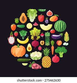 Fruit and vegetable vector circle background. Modern flat design. Healthy food background.