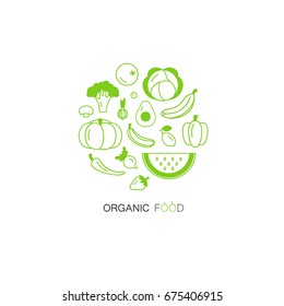 Fruit and vegetable vector circle on a white background in trendy linear style - healthy lifestyle illustration for print, web.