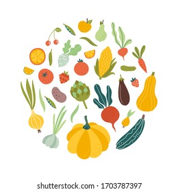 Concepto de clipart-round vector de frutas y verduras. Esbozo de mano ilustraciones de comida saludable