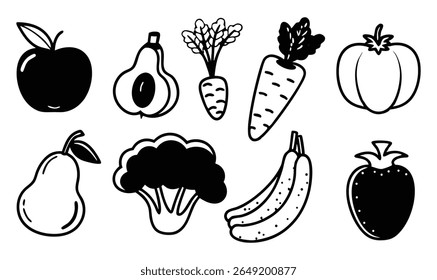 Fruit and Vegetable Vector Icons Black and White Clipart Set for Print and Design