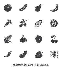 Fruit and vegetable vector icons set, modern solid symbol collection, filled style pictogram pack. Signs, logo illustration. Set includes icons as tomato, cucumber, pear, banana, carrot, olives, lemon