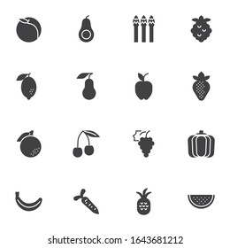 Fruit and vegetable vector icons set, modern solid symbol collection, filled style pictogram pack. Signs, logo illustration. Set includes icons as apple, pear, watermelon, strawberry, grape, pumpkin