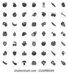 Fruit and vegetable vector icons set, modern solid symbol collection, filled style pictogram pack. Signs logo illustration. Set includes icons as apple, lemon, pineapple, avocado, passion fruit, berry