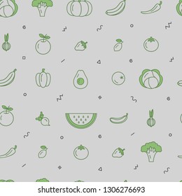 Fruit and vegetable vector seamless pattern with abstract elements in trendy linear style - healthy lifestyle illustration for packaging, print, blog background, textile.