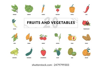 fruit and vegetable vegan fresh natural healthy food handdrawn detailed doodle icon set