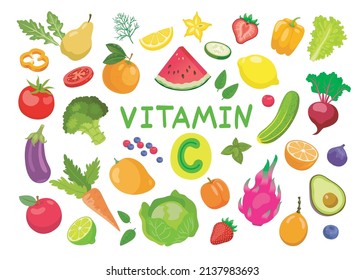 Fruit and vegetable with vitamin C vector illustrations set. Collection of cartoon drawings of enriched organic antioxidants, avocado, carrot, apricot, cucumber, lemon. Food, nutrition, diet concept