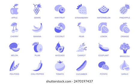 Fruit and vegetable web icons set in duotone flat design. Pack pictograms with apple, grape, kiwi, strawberry, watermelon, pineapple, cherry, banana, coconut, pear, lemon, other. Vector illustration.