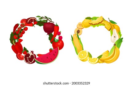 Fruit and Vegetable Wreath with Fresh and Ripe Garden Crops Vector Set
