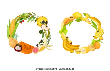 Fruit and Vegetable Wreath with Fresh and Ripe Garden Crops Vector Set