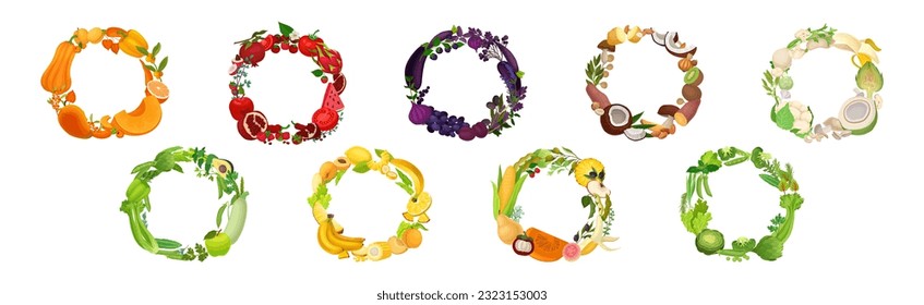 Fruit and Vegetable Wreath with Fresh and Ripe Garden Crops Vector Set